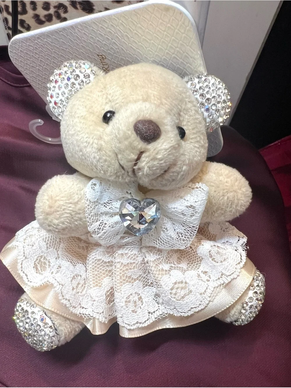🐻NATASHA plush beige bear WITH lace dress with rhinestone accents.🐻NWT